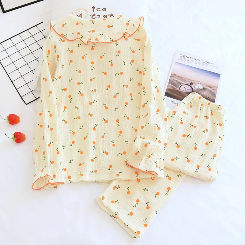 Doll Collar Girl Home Wear Set Soft Breathable Comfortable Woven Cotton Crepe Button Long Sleeves Trousers Korean Pyjamas Women