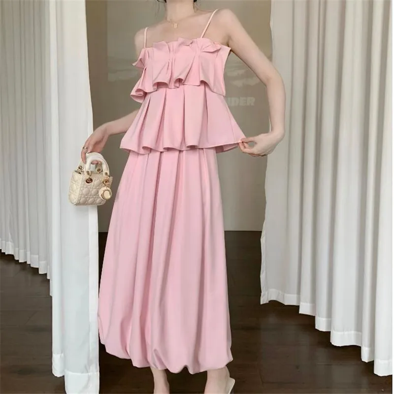 

Holiday Summer Pink Apricot 2 Piece Sets Sexy Ruffles Camis Tank Top&High Waist Flower Bud Skirt Fashion Elegant 2pc Dress Suits