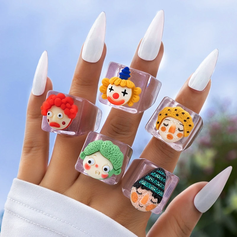 

5pcs/Set Fashion Lovely Candy Color Acrylic Cartoon Jocker Ring Set For Women Y2k Cute Colorful Resin Ring Set Trendy Jewelry