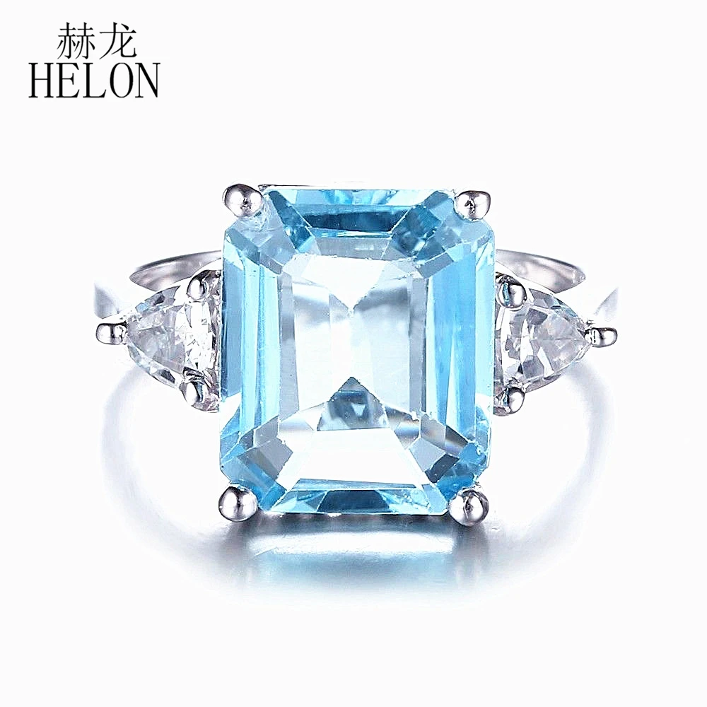 

HELON Solid 14K 10k White Gold 13x10mm Radiant Cut Blue Topaz Trillion Cut 4.5mm White Topaz Engagement Ring Trendy Fine Jewelry