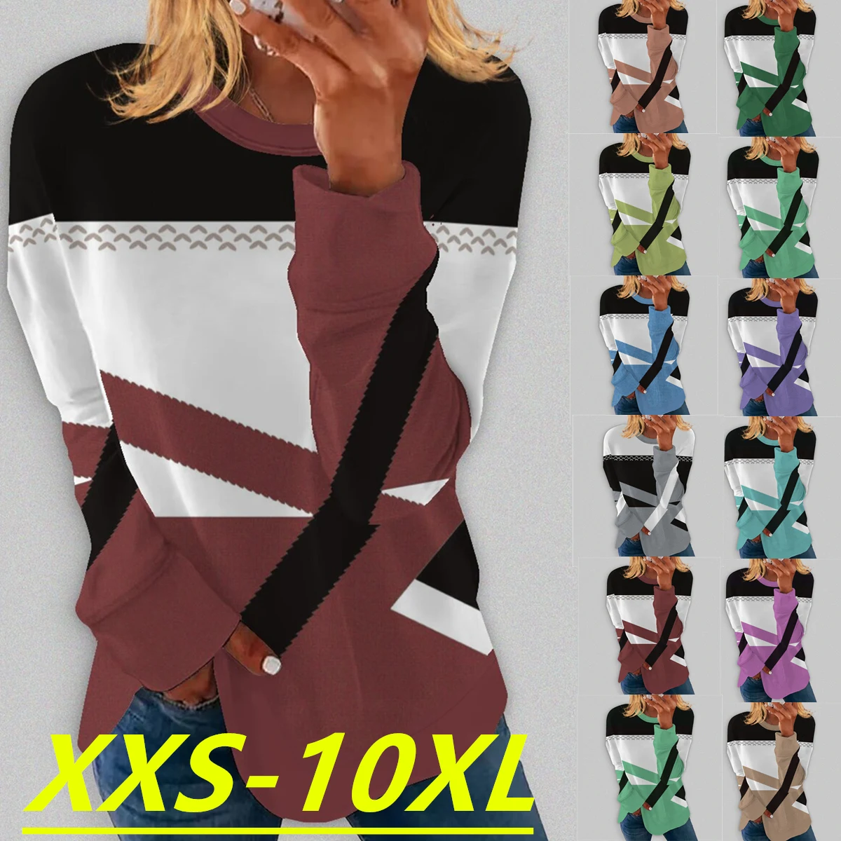 

Autumn/Winter 2022 Fashion Women's Geometric Print Round Neck Long Sleeve Sweater Casual Plus Size Top XXS-10XL