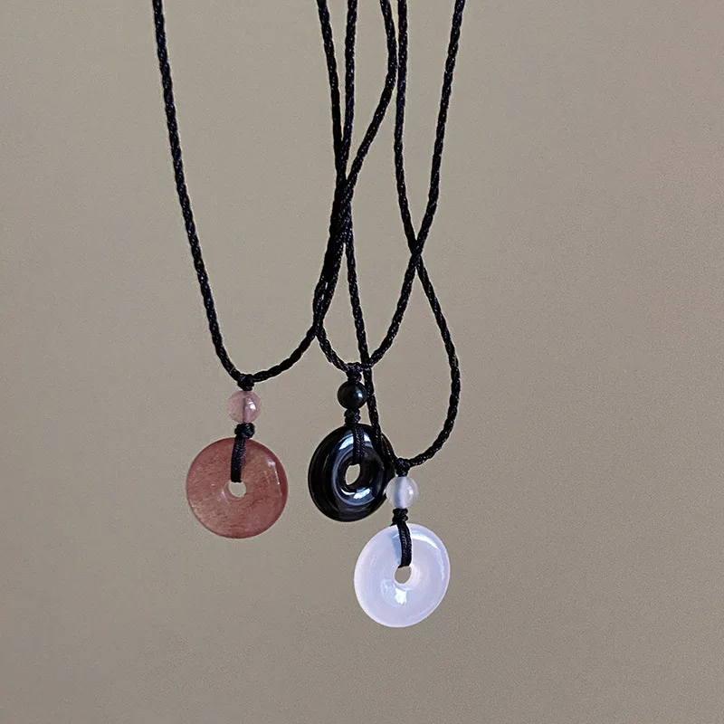Регулируемое Ожерелье Из Черной Веревки с Агатовой безопасной кнопкой
