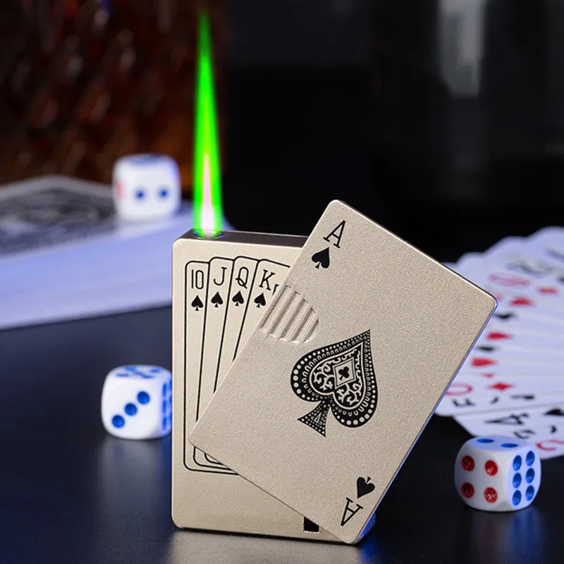 

Metal Playing Cards Jet Lighter Green Flame Lighter Smoking Accessories Poker Jet Torch Butane Windproof Lighters Men's Gift