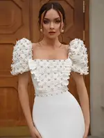 Trendy White Luxury Beaded Floral Ruffle Bodycon Bandage Dress Elegant Celebrity Square Neck Short Sleeve Club Party Dresses