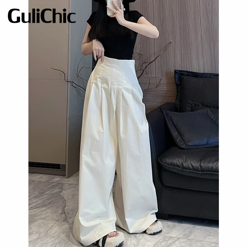 

3.11 GuliChic Fashion Casual Cotton Pleated High Waist Wide Leg Pants Women
