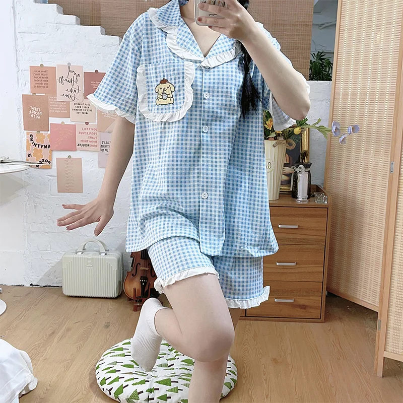 

Пижама Sanrio Kawaii Pom Purin Корейская милая и Милая Кружевная домашняя одежда для студентов летние хлопковые шорты с коротким рукавом комплект из двух предметов