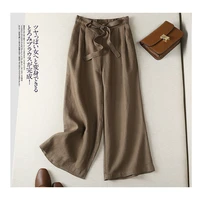 high waisted wide leg pants womens summer thin pants drape waist tie loose and thin literary cotton and linen nine point pants