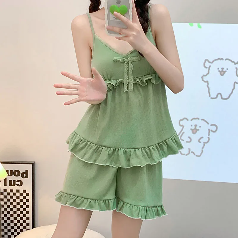 

Summer new style women's pajamas foam cotton with breast cushion suspender suit simple lace suspender shorts household clothes