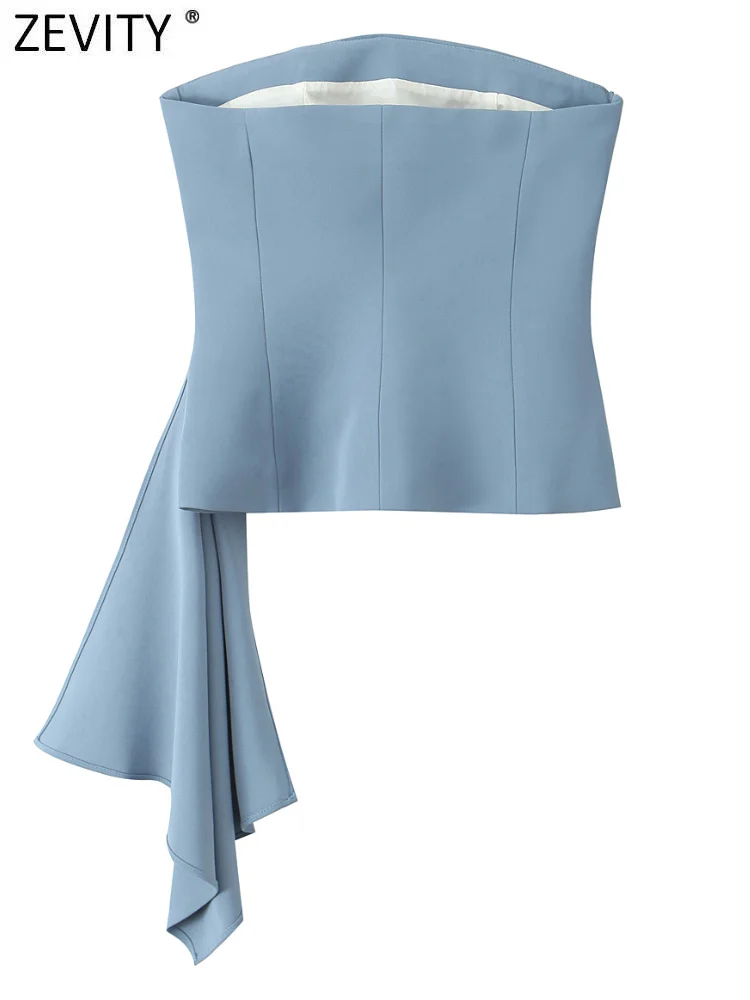 Zevity 2024 Women Fashion Strapless Solid Pleated Design Corset Style Slim Blouse Female Zipper Shirts Blusas Chic Tops LS7204