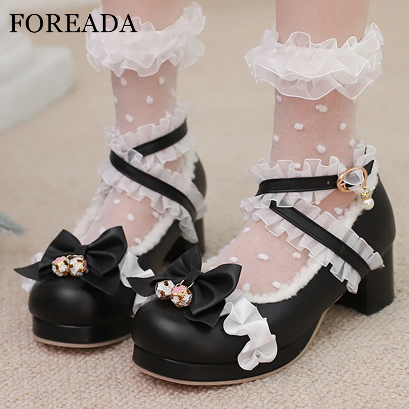 

FOREADA Women Lolita Pumps Round Toe Thick Mid Heels Cross Strap Buckle Bow Kawaii Ladies Fashion Cosplay Shoes Winter Beige 46