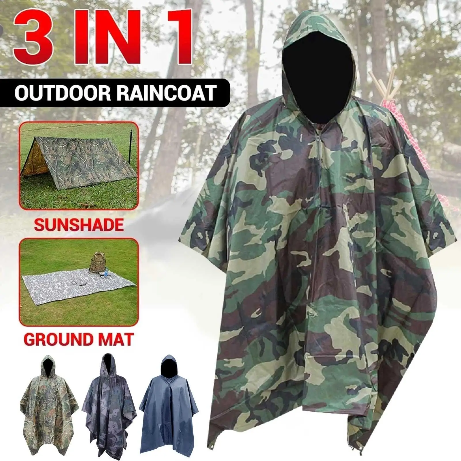 

Adult Men's Fashion Outdoor Hiking Mountaineering Multifunctional Three-in-One Camouflage Raincoat Cloak Cape Cloak Polyester