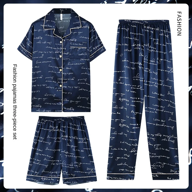 Fashion Summer Autumn 3 Piece Silk Men Pajamas Set Short Sleeve Shorts Oversize Homewear Lapel Collar Loungewear Pijamas for Man