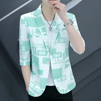 middle sleeve suit mens 2022 summer trend slim korean leisure suit plaid lapel jacket printing handsome