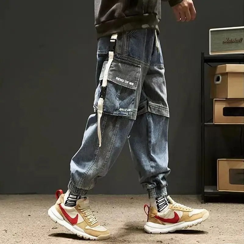 DEEPTOWN Techwear Cargo Jeans Pants Japanese Patchwork Men's Fashion Oversize Loose Casual Streetwear Hip Hop Trousers Male