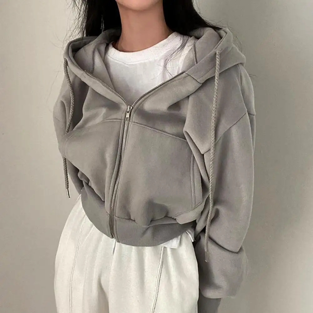 

Zipper Closure Coat Stylish Hooded Ladies' Cardigan Jacket with Drawstring Elastic Cuffs Soft Warm Casual Outerwear for Women