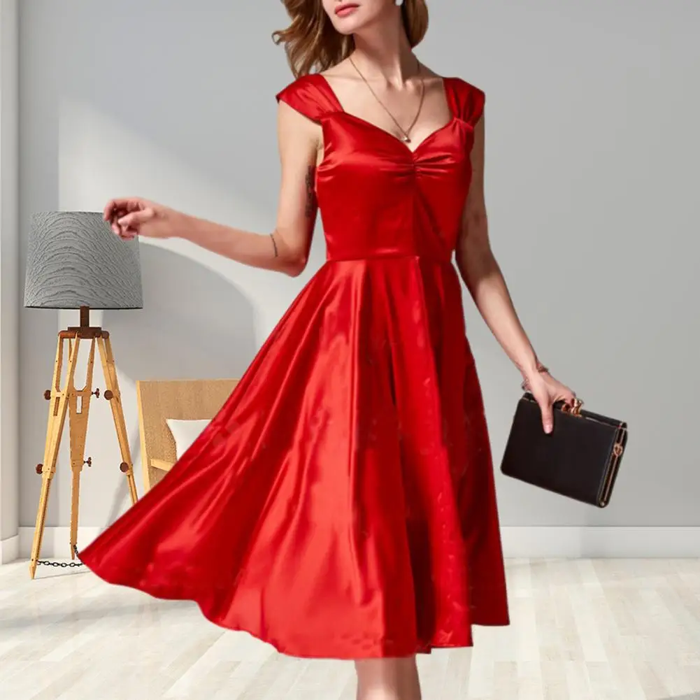 

Stylish Casual Dress Pure Colors Comfortable Summer Dress Wide Shoulder Straps Large Hem Summer Dress