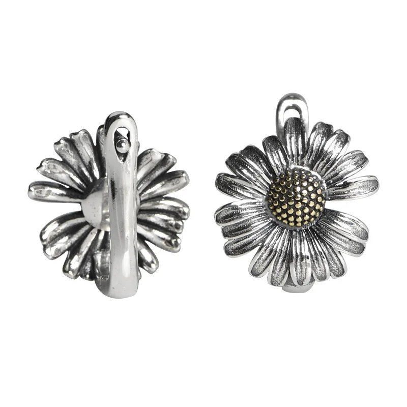 

Two Tone Vintage Sunflower Stud Earrings Oxidised Blackish Genuine 925 Sterling Silver Broken Sun Flower Fine Jewelry for Women