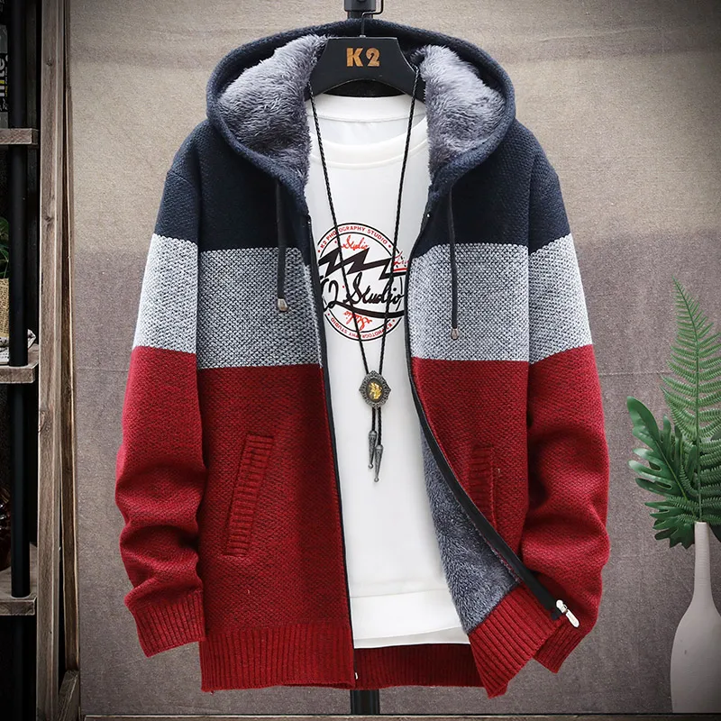 

Hooded Fleece Men's Sweater Thick and Velvet Men's Cardigan Knitted Sweatercoats Patchwork Bomber Jacket whth liner Male M-4XL