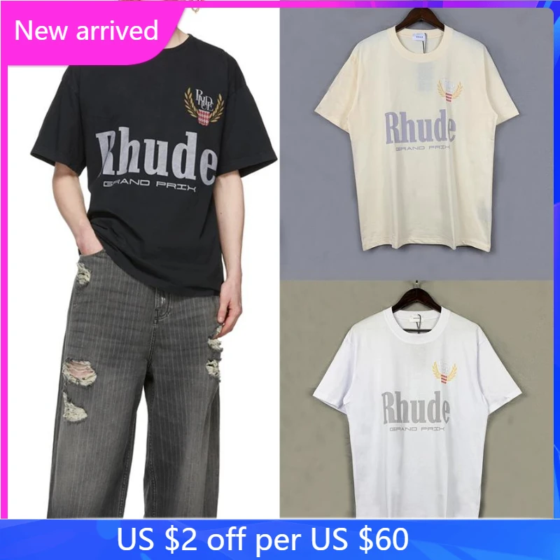 

Oversized RHUDE Loose Grand Prix Short-sleeved T-shirt Wheat Ear Letter Print High Street Men Women Tshirts