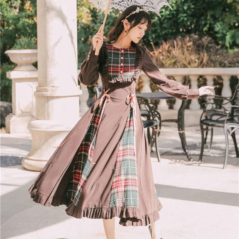 

Summer Cottagecore Dresses Women Corduroy Plaid Long Sleeve Dress Fairy High Waist Ruffles Dress 2023 Vintage Fashion Streetwear
