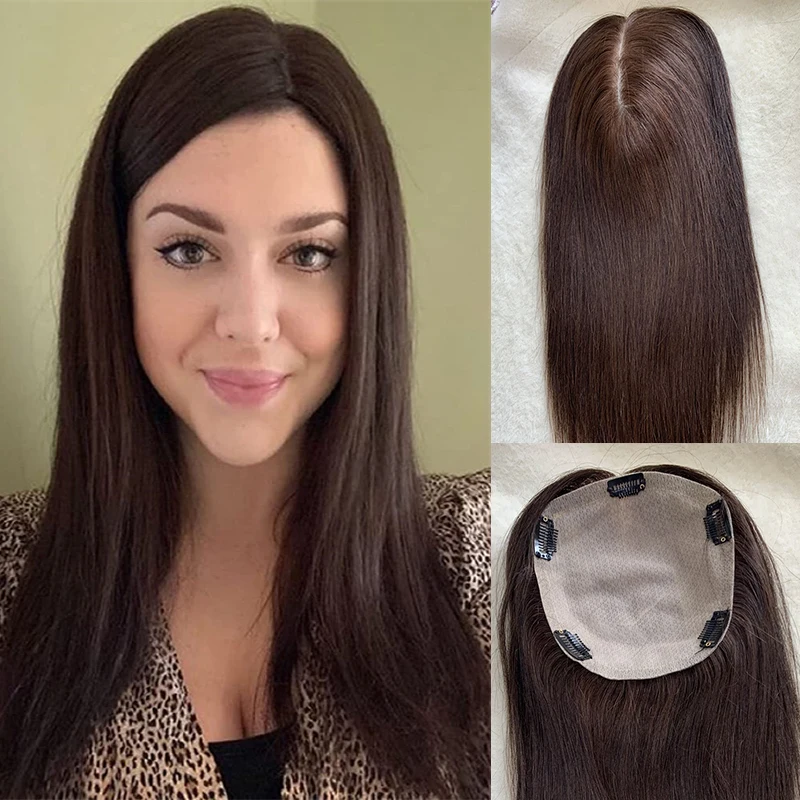 

Brown Full Silk Base Women Topper Clip In Hair Toupee For Women Real Human Hair Piece Customed Toupee Silk Top Thin Hair