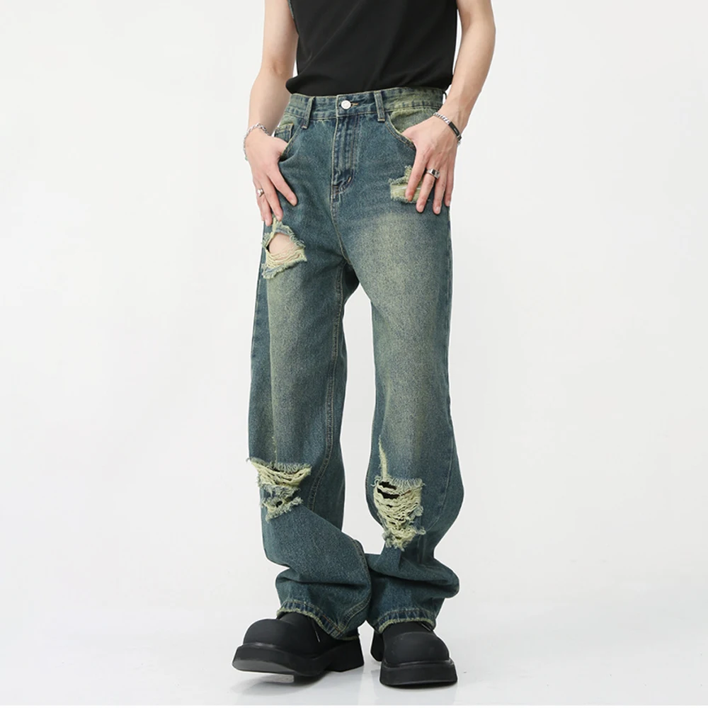 HOUZHOU Ripped Jeans for Men Wide Leg Pants Hip Hop Distressed Denim Trousers Male Vintage Casual Japanese Streetwear Hippie