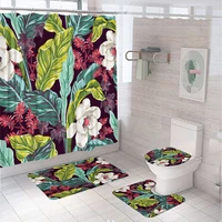 watercolor tropical leaves flower shower curtain set floral plant bathroom screen curtains anti slip bath mat toilet cover cover