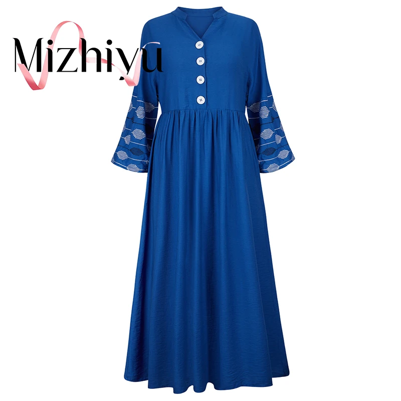 Женское Хлопковое платье с цветочной вышивкой, синее винтажное длинное платье с V-образным вырезом и рукавом-фонариком, плиссированное элег...