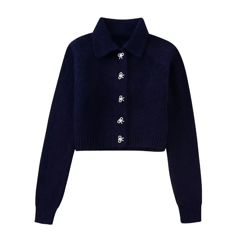 

Women Sweet Diamond Bow Button Solid Short Knitting Sweater Female Chic Turn Down Collar Casual Cardigan Coat Tops CT28499