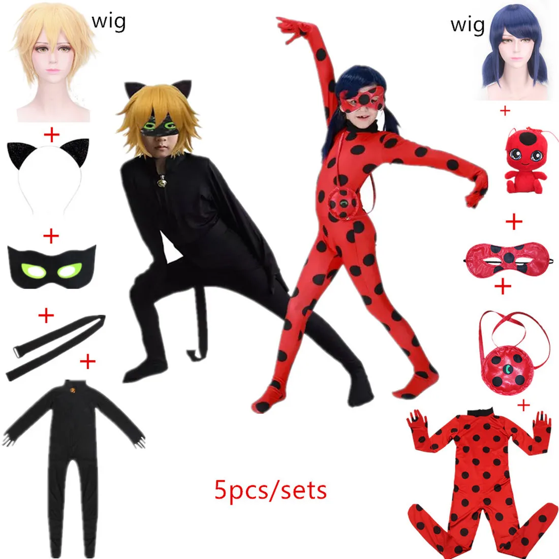 

Christmas Fancy Girls Costumes Easter Marinette Cosplay Jumpsuit cat noir Children Spandex Costumes for Kids Suits Wig earrings