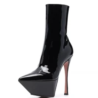 nightclub super high platform heels shiny leather side zip pointed toe womens ankle booties black short booties 43
