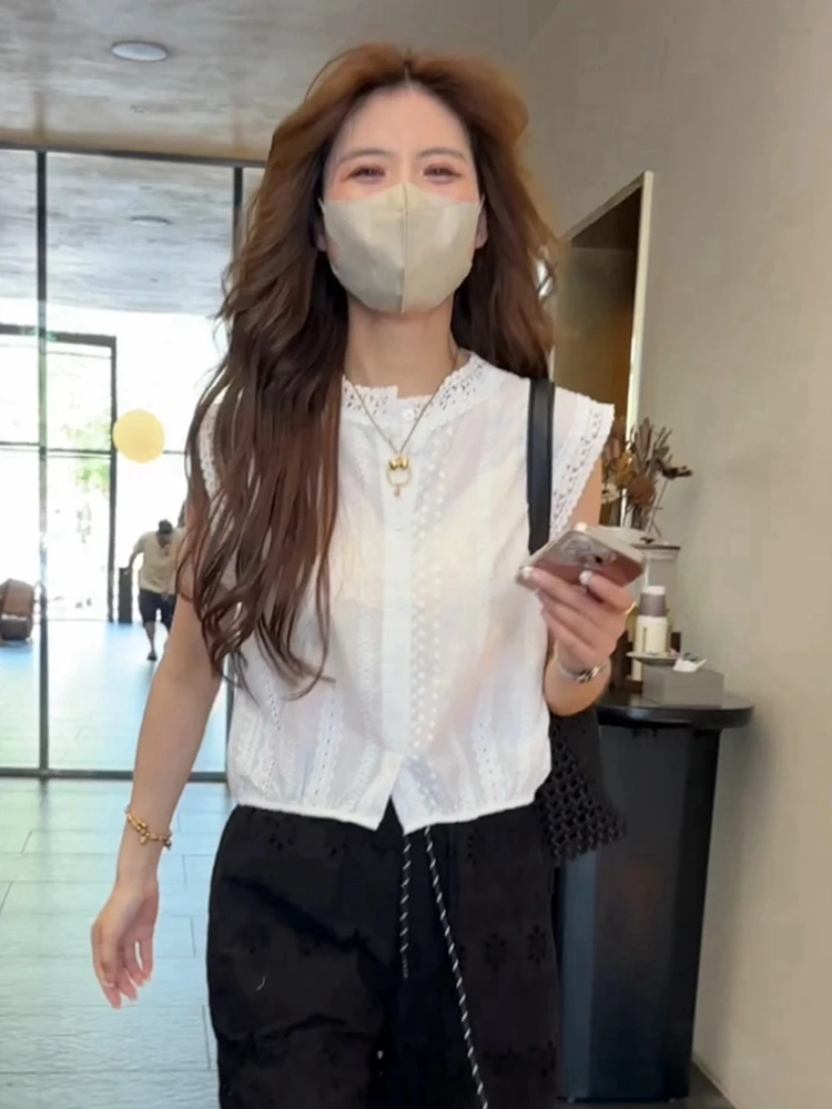 Ажурные кружевные рубашки без рукавов для женщин новинка 2024 летний дизайнерский