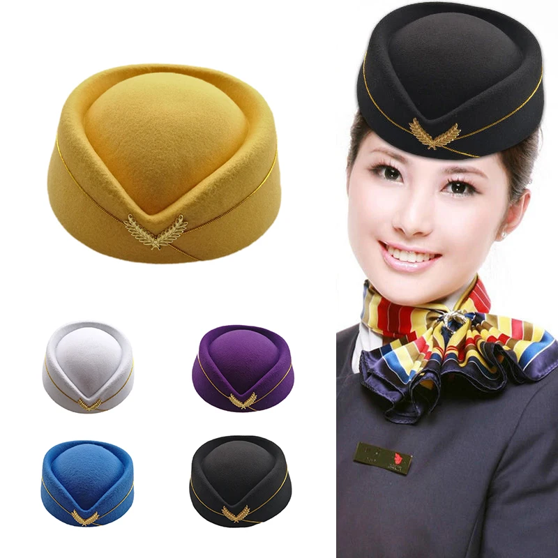 

Gold Insignia Hat Base Cap Women Wool Felt Air Hostesses Beret Airline Stewardess Formal Uniform Caps Sweet Fedoras Cosplay Cap