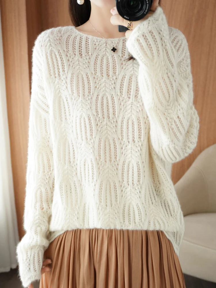 

Женский тонкий пуловер с круглым вырезом, белый ажурный свитер, Женский вязаный Топ с длинным рукавом, Осень-зима 2023, модная женская одежда