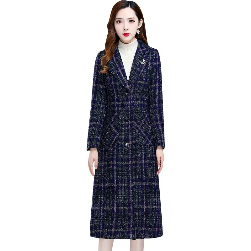 

High-grade Plaid Medium Long Woolen Trench Coat 2023 Women Winter Coats Elegant Goddess Plus Size Slim New Ladies Overcoat F331