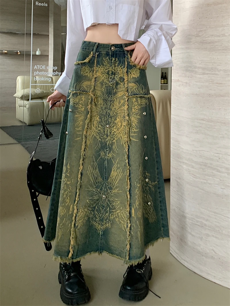 Женская длинная ковбойская юбка трапециевидная с графическим принтом Корейская
