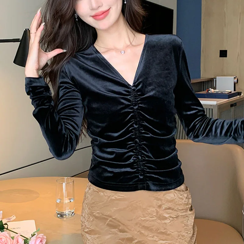 Новая модная осенне-зимняя милая женская блузка с длинным рукавом и v-образным