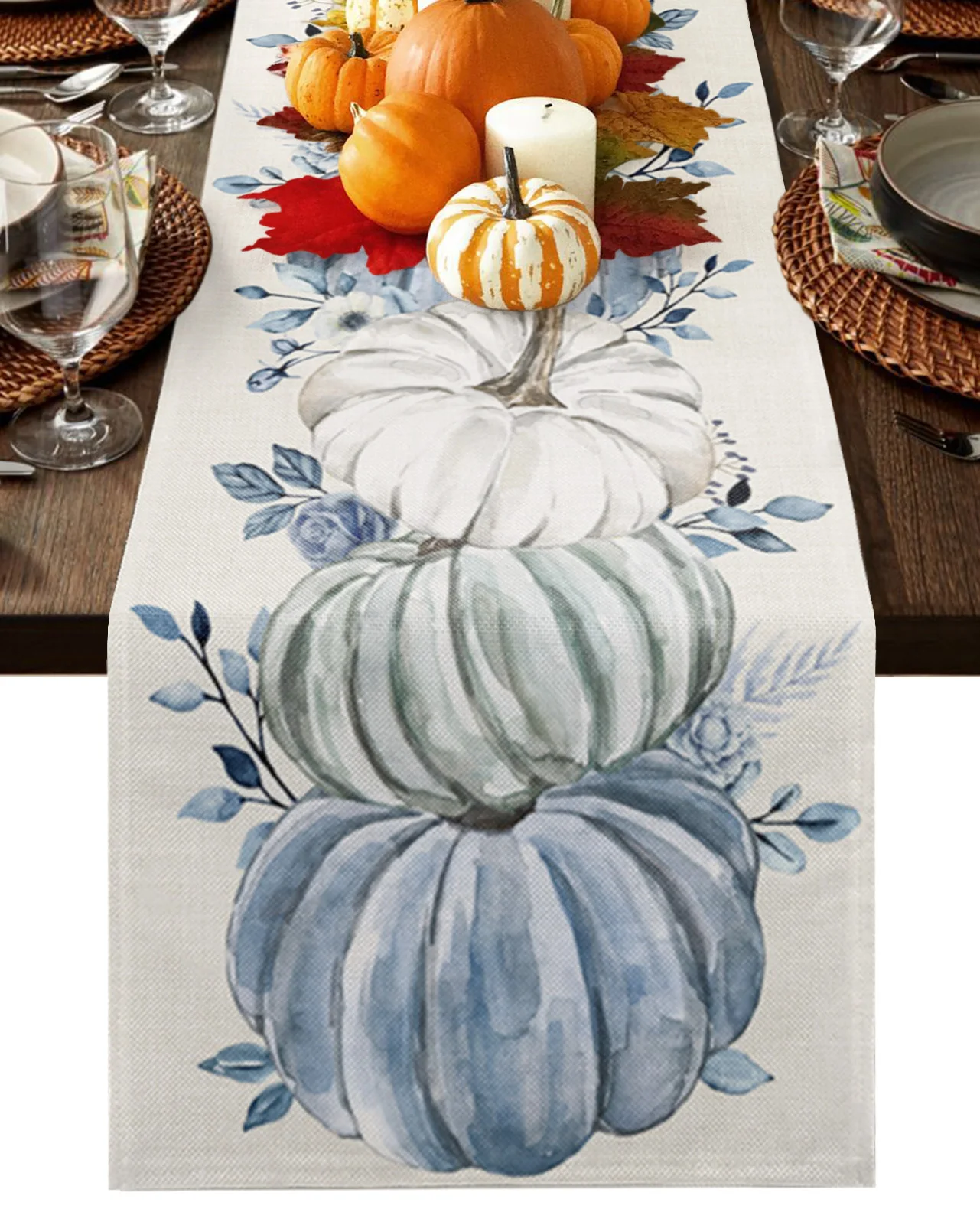 

Home Decor Table Runner Wedding Decoration Tablecloth Kitchen Table RunnersThanksgiving Eucalyptus Pumpkin Pumpkin