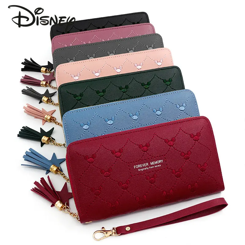 Disney Mickey Women's Wallet High Quality Fashion Long Zero Wallet Multi Functional Card Storage Solid Color Zipper Cartoon Bag