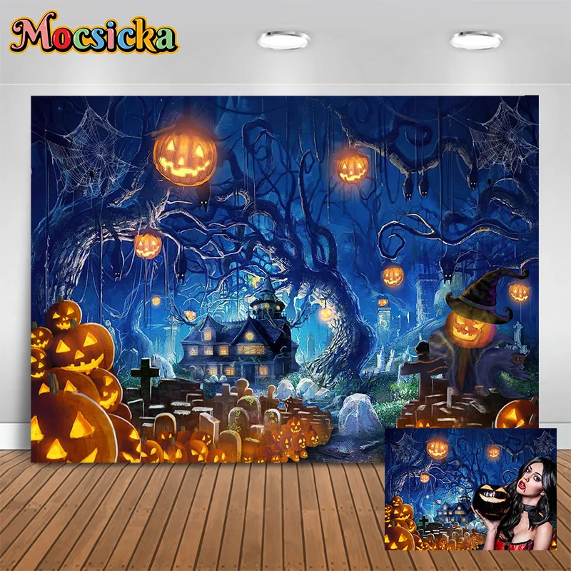 

Mocsicka Halloween Photography Backgrounds Log Cabin Pumpkin Forest Horror Nights Backdrops Adult Kids Portraits Banner Studio