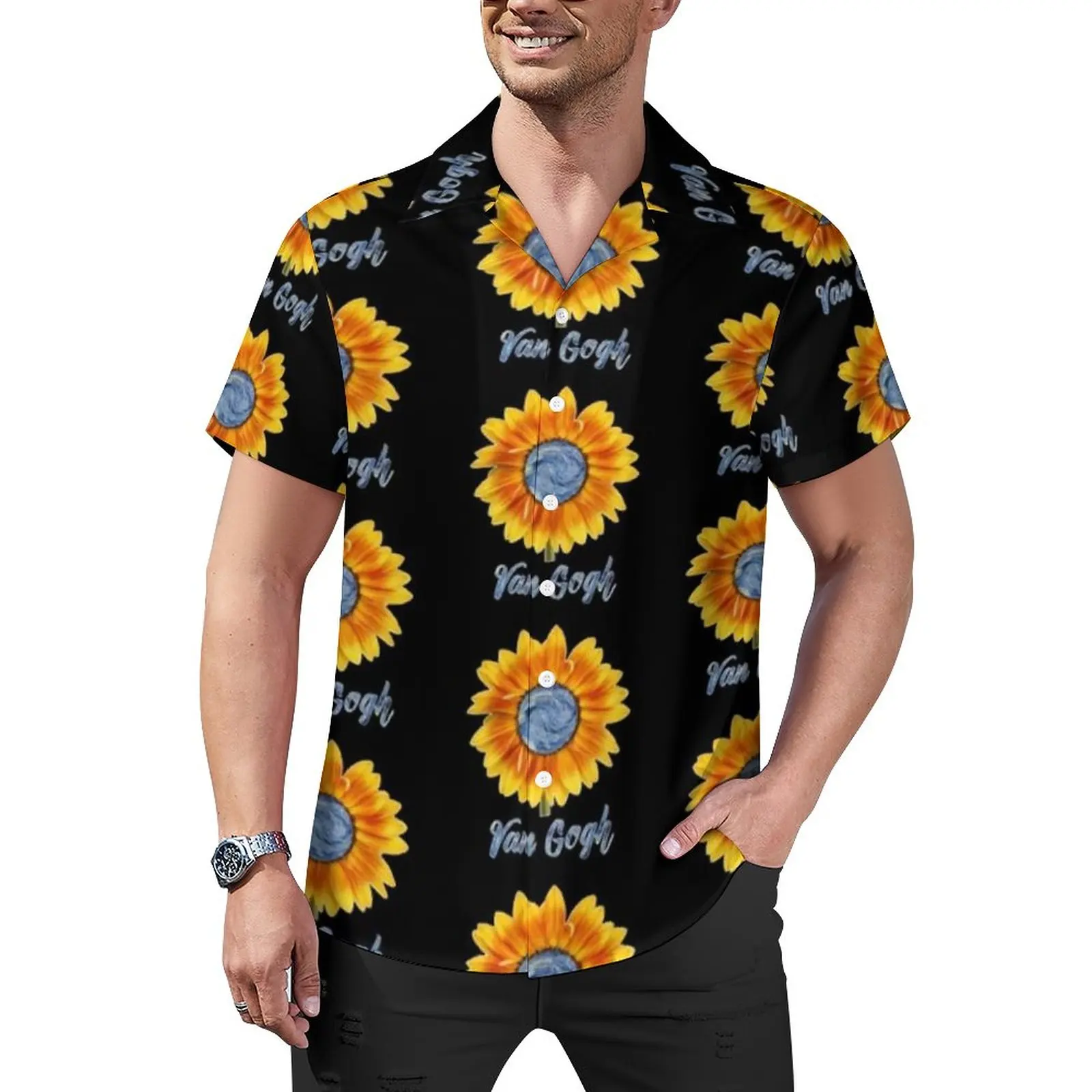 

Sunflower Art Beach Shirt Van Gogh Starry Night Sunflowers Hawaii Casual Shirts Men Novelty Blouses Short Sleeve Design Clothing