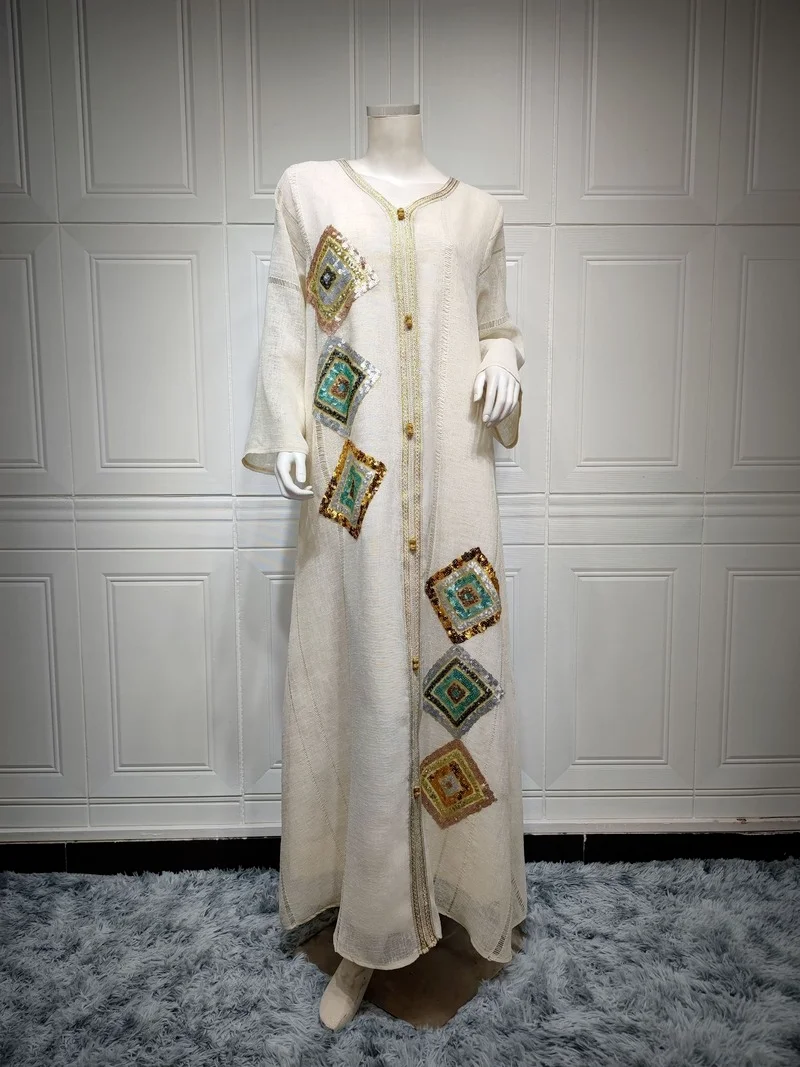 Morocco Cotton Linen Long Dress Muslim Women Ramadan Long Abayas Robes Fancy Maxi Dress French Stylish Party Dress Spring 2022