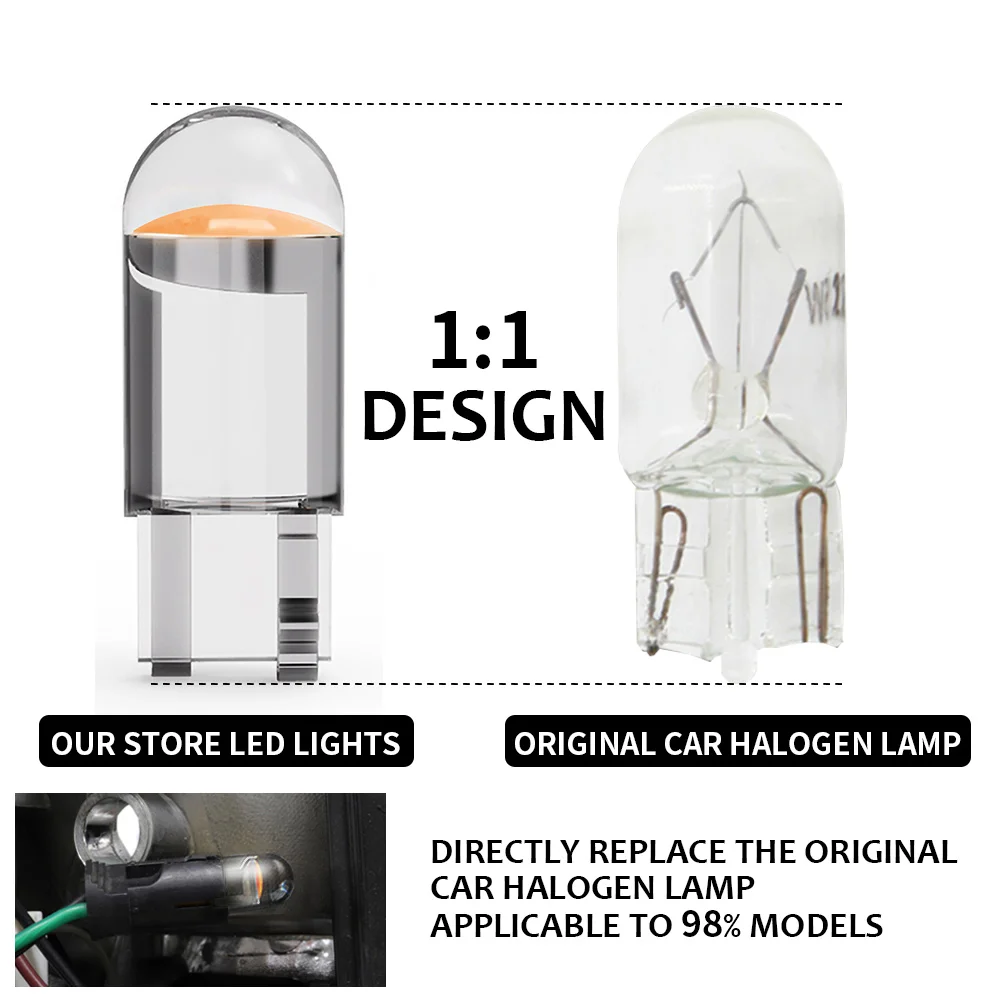 2x Car LED Light T10 COB W5W 168 192 Glass Auto Interior License Plate Lights Dome Reading Bulbs Instrument Lamp 12V White 6000k - купить по