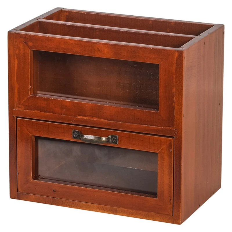 

LICG Makeup Brush Storage Desktop Remote Control Storage Box Desk Stationery Bucket Brush Pen Bucket Retro Wooden Cabinet