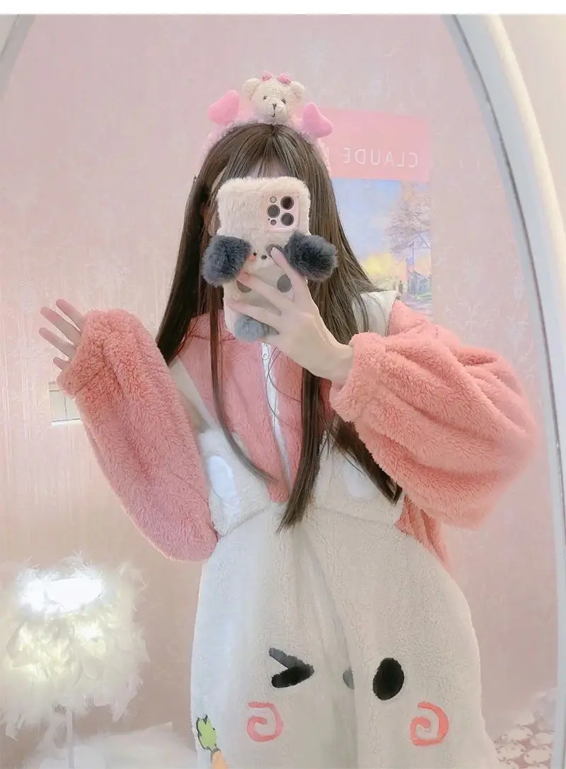 Kawaii Animal Pajamas Onesies Long Eared Rabbit Cartoon Sleepwear Cosplay Zipper Women Winter Flannel Overall Onepiece Jumpsuit