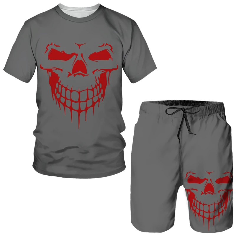 2023 Summer Punk Skull 3D 2 Piece Sets Men's Print Short Sleeve Sportswear Tracksuit Gothic Graphic Top Shorts Suit Male Outfits