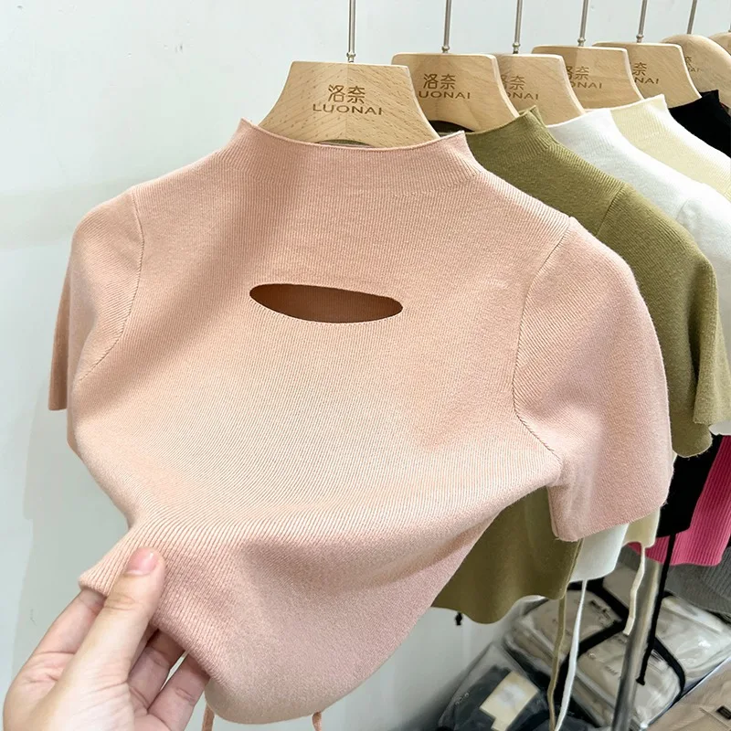 

Thin Ice short-sleeved T-shirt spring and summer short high-waisted niche hollow-out semi-high-neck jacket WHITE