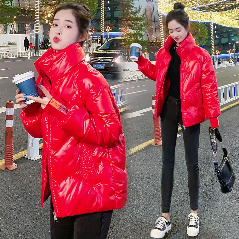 Women's cotton coat Short Stand-up collar 2021 New winter Korean version Glossy Loose Thicken Cotton puffer jacket ladies tide