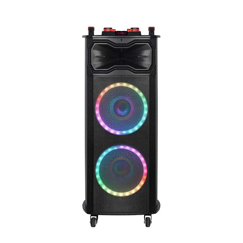 Фото NDR-1218 100 Вт, двойной 12-дюймовый динамик с RGB-подсветкой для караоке-системы, портативная акустическая система для вечеринок, 2 микрофона, для больших уличных сцен, с батареей, подключение к мобильному телефону. №2