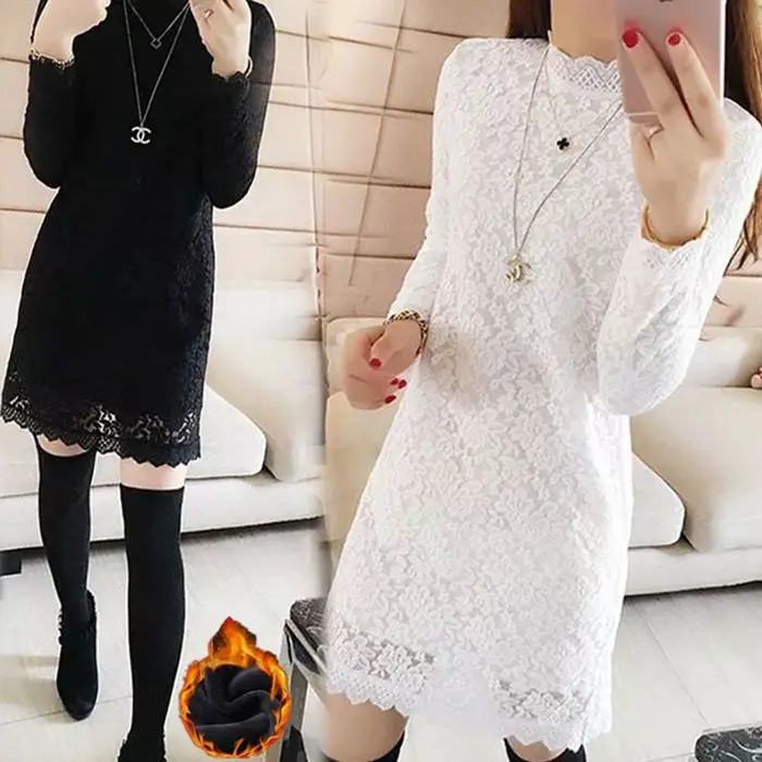 

Winter Thickened High Neck Lace Dress Women's Long Sleeve Hollow Out T-Shirt Dress Oversized Bodycon Dress